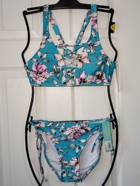 Floral Lace-Up Turquoise Women's Bikini Set